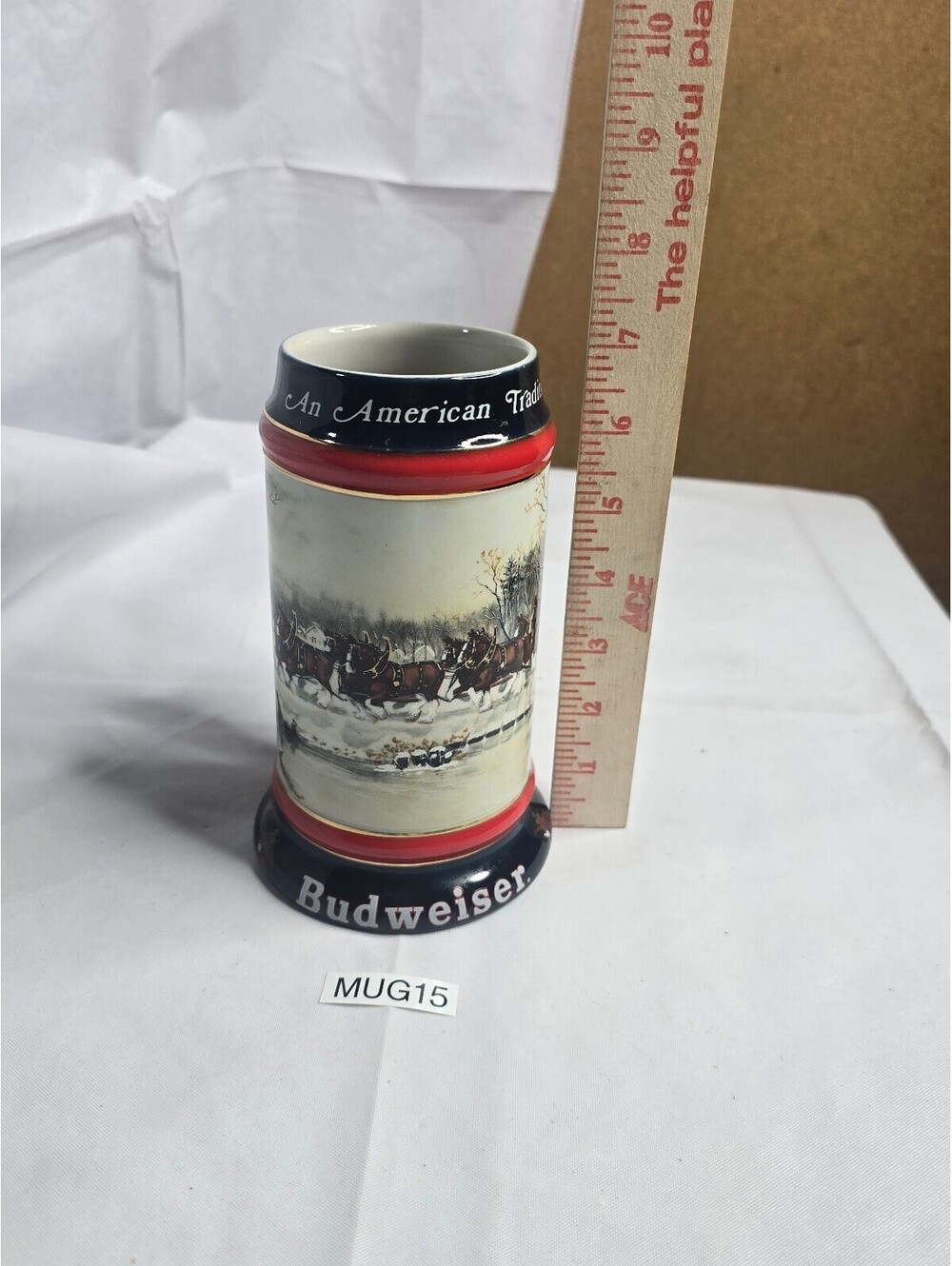 1990 Budweiser Holiday Beer Stein An American Tradition Clydesdale Ceramarte 7"